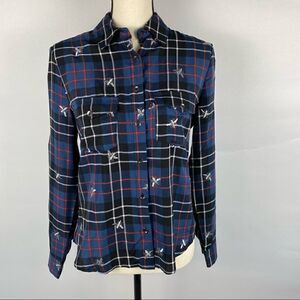 Nanette Lepore Plaid Long Sleeve Shirt with Queen B Print